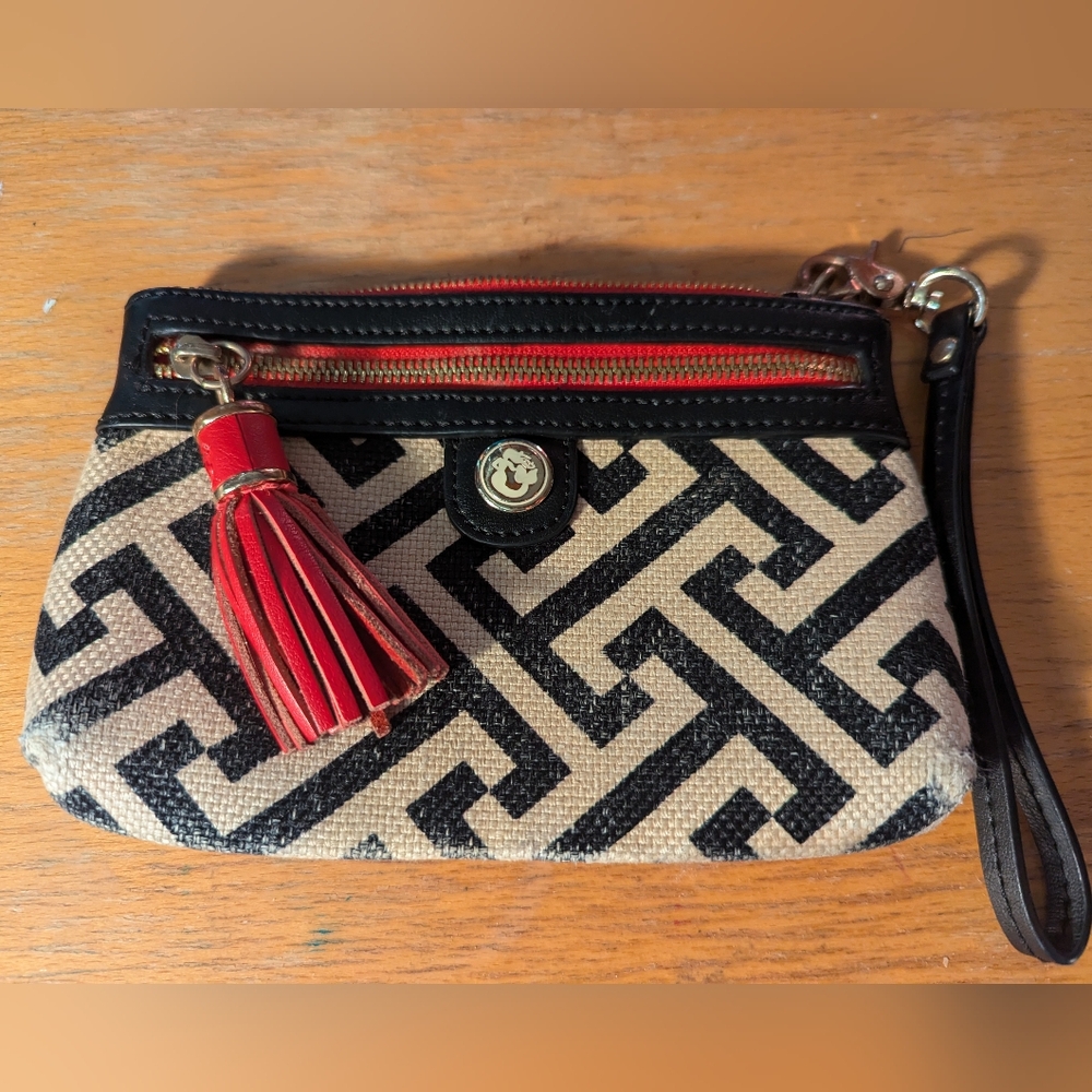 Spartina Leather Chic Black and Red Clutch with Geometric Design and Tassel